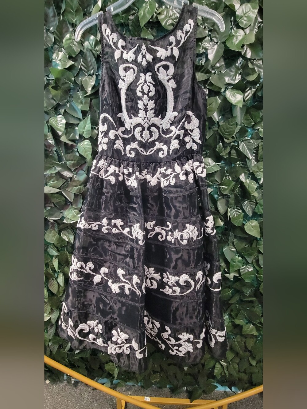 bebe Black Midi Dress with White Embroidered Scrolls